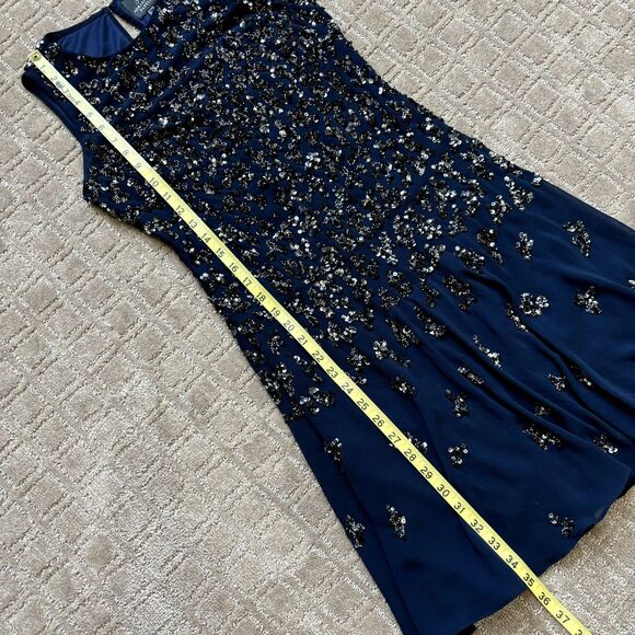 ADRIANNA PAPELL Sequin Beaded Dress 4 Navy Blue Sleeveless Cocktail Embellished - Picture 9 of 11